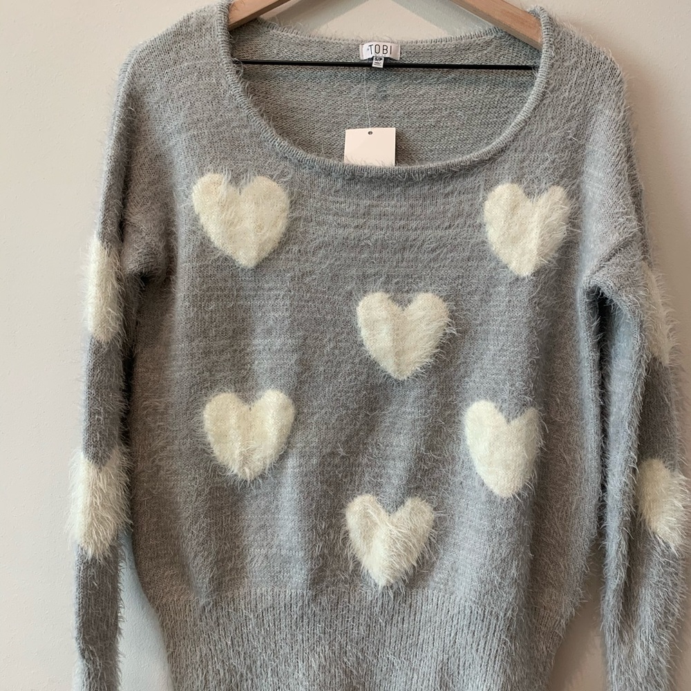 Tobi Gray White Hearts Crushing on Eyelash Sweater - Picture 3 of 5